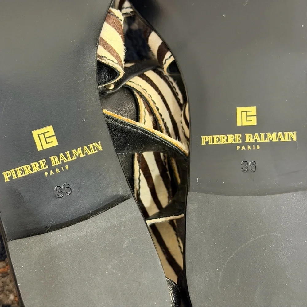 NWOT Pierre Balmain ‘Amelie’ Zebra Print Pony Hair Strappy Zip-Back Sandals Sz 6